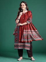 Women's Rust Printed Straight Kurta Trouser With Dupatta Set
