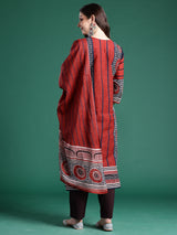 Women's Rust Printed Straight Kurta Trouser With Dupatta Set