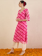 Women's Pink Ethnic Printed V-Neck Three Quarter Sleeves Kurta