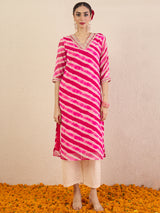 Women's Pink Ethnic Printed V-Neck Three Quarter Sleeves Kurta