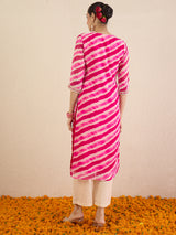 Women's Pink Ethnic Printed V-Neck Three Quarter Sleeves Kurta
