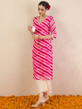 Women's Pink Ethnic Printed V-Neck Three Quarter Sleeves Kurta