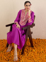 Women's Purple Embroidered A-Line Kurta Trousers Set