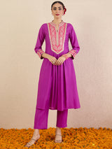 Women's Purple Embroidered A-Line Kurta Trousers Set