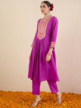 Women's Purple Embroidered A-Line Kurta Trousers Set