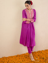 Women's Purple Embroidered A-Line Kurta Trousers Set