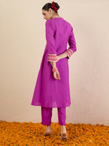 Women's Purple Embroidered A-Line Kurta Trousers Set