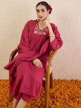 Women's Red Solid A-Line Kurta Trousers With Dupatta Set