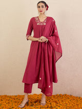 Women's Red Solid A-Line Kurta Trousers With Dupatta Set