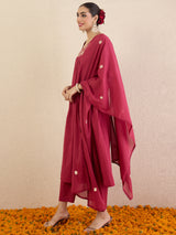 Women's Red Solid A-Line Kurta Trousers With Dupatta Set