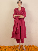 Women's Red Solid A-Line Kurta Trousers With Dupatta Set