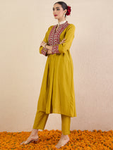 Women's Green Embroidered A-Line Kurta Trouser Set