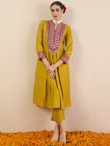 Women's Green Embroidered A-Line Kurta Trouser Set