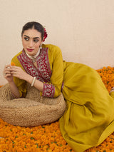 Women's Green Embroidered A-Line Kurta Trouser Set