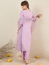 Women's Lavender Embroidered Straight Kurta Trouser With Dupatta set
