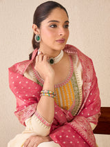 Women's Cream Embroidered Straight Kurta Trouser With Dupatta Set