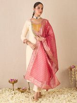 Women's Cream Embroidered Straight Kurta Trouser With Dupatta Set
