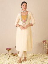 Women's Cream Embroidered Straight Kurta Trouser With Dupatta Set