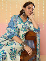 Women's Off White Printed Straight Kurta Trousers With Dupatta Set