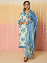 Women's Off White Printed Straight Kurta Trousers With Dupatta Set