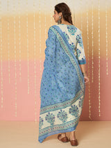 Women's Off White Printed Straight Kurta Trousers With Dupatta Set