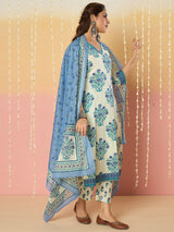 Women's Off White Printed Straight Kurta Trousers With Dupatta Set