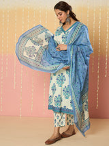 Women's Off White Printed Straight Kurta Trousers With Dupatta Set