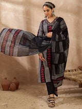Women's Black Printed Straight Kurta Trousers With Dupatta Set
