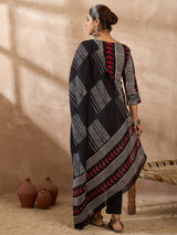 Women's Black Printed Straight Kurta Trousers With Dupatta Set