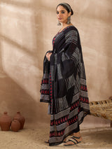 Women's Black Printed Straight Kurta Trousers With Dupatta Set