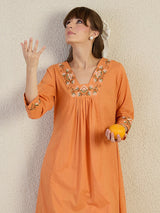 Women's Orange Embroidered A-Line Kurta Trousers Set