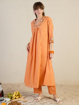 Women's Orange Embroidered A-Line Kurta Trousers Set