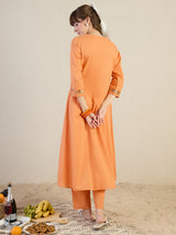 Women's Orange Embroidered A-Line Kurta Trousers Set