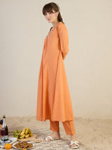 Women's Orange Embroidered A-Line Kurta Trousers Set