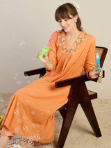 Women's Orange Embroidered A-Line Kurta Trousers Set