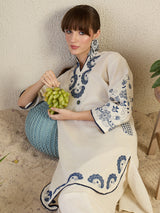 Women's Off White Embroidered A-Line Kurta Trousers Set