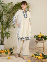 Women's Off White Embroidered A-Line Kurta Trousers Set