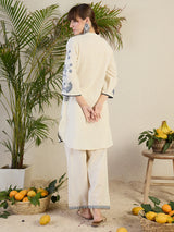 Women's Off White Embroidered A-Line Kurta Trousers Set