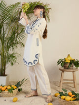 Women's Off White Embroidered A-Line Kurta Trousers Set
