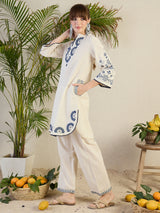 Women's Off White Embroidered A-Line Kurta Trousers Set