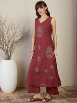 Women's Maroon Embroidered A-Line Kurta Palazzos Set