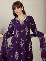 Women's Purple Printed Straight Kurta Trouser With Dupatta set