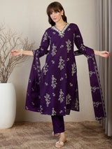 Women's Purple Printed Straight Kurta Trouser With Dupatta set