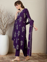Women's Purple Printed Straight Kurta Trouser With Dupatta set