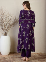 Women's Purple Printed Straight Kurta Trouser With Dupatta set