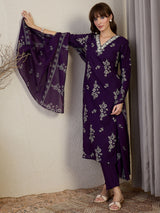 Women's Purple Printed Straight Kurta Trouser With Dupatta set