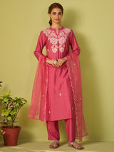 Women's Pink Solid Straight Kurta Trouser With Dupatta set