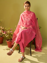 Women's Pink Solid Straight Kurta Trouser With Dupatta set