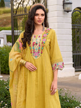 Women's Yellow Embroidered Anarkali Kurta Pant With Dupatta Set