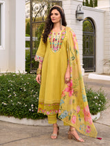 Women's Yellow Embroidered Anarkali Kurta Pant With Dupatta Set